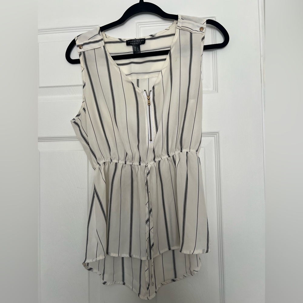Streetwear Society Cream and Black Striped Top Large
